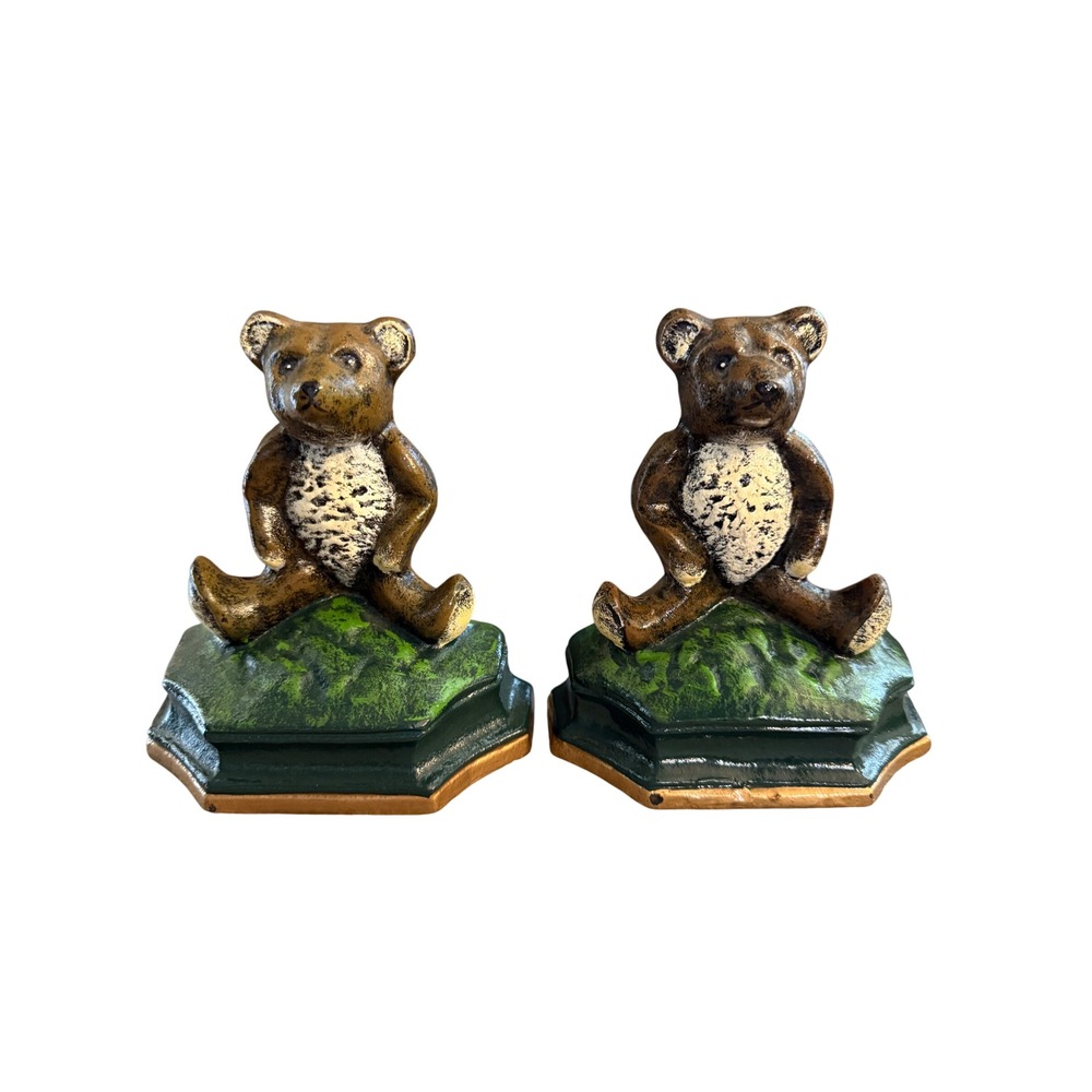 Vintage Style Cast Iron Teddy Bear Bookends Brown Green Gold Set of 2 Heavy
